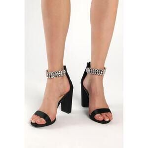 Lulus Mylan Black Satin Rhinestone Ankle Strap Heels - Size 6